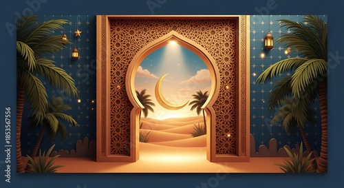 Enchanting Night Scene with Ornate Archway and Crescent Moon in Desert Landscape, Perfect for Ramadan and Eid Celebrations