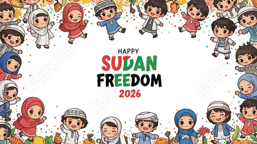 Sudan Independence Day celebration. Cartoon children in traditional clothing. Happy Sudan Freedom 2026. Diverse kids with Sudanese flags. Vector illustration for holiday greeting card.