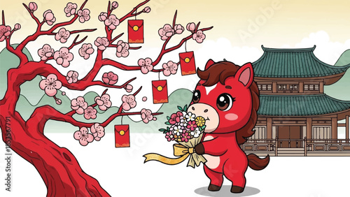 Red cartoon horse. Holding flowers. Cherry blossom tree. Chinese temple background. Vector illustration. Cute animal character. Spring season. Floral bouquet. Asian architecture. White