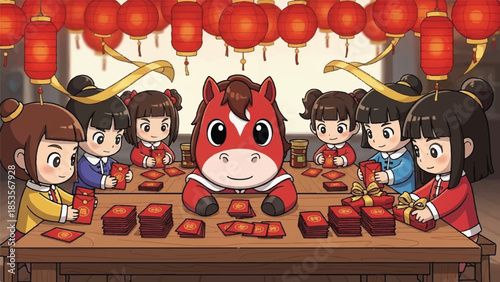 Chinese New Year celebration scene. Cartoon cow character. Kids in traditional clothes. Red lanterns. Red envelopes on table. Vector illustration.