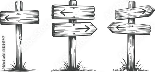 Vintage wooden signposts set, hand drawn rustic directional arrows, for outdoors path and navigation illustration
