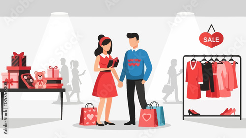 Couple Shopping for Gifts and Clothes in a Store, Valentine's Day Sale