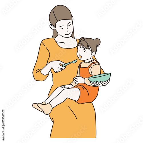 Minimalist Line Art of Mother Feeding Baby with Spoon