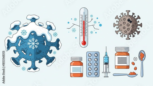 Winter flu season medical icons with virus cells, thermometer, medication, and vaccine syringe on white background