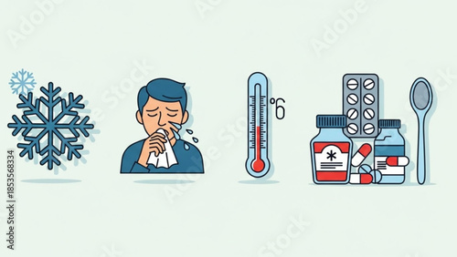 Man blowing nose with tissue next to snowflakes, thermometer, and medicine bottles