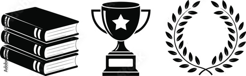 Black education icons set, featuring stack of books, winner trophy cup, and laurel wreath illustration