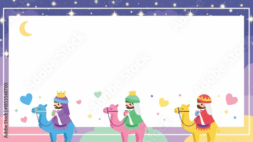 Three wise men on camels. Christmas border frame. Colorful illustration with hearts, stars, and moon. Vector design for holiday greeting card, background, or social media banner. White