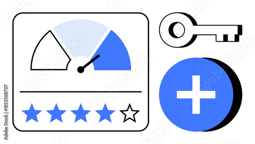 User rating concept. Rating scale, stars, and access key user satisfaction and account access. User rating enhances system functionality and access control. Perfect for app development, user