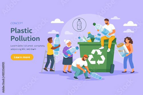 People collecting plastic trash into recycling garbage bin. Characters sorting the garbage. Plastic pollution problem concept. Flat cartoon vector illustration.