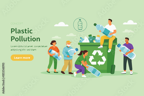 People collecting plastic trash into recycling garbage bin. Characters sorting the garbage. Plastic pollution problem concept. Flat cartoon vector illustration.
