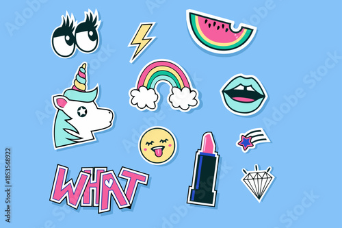 Fashion cute patches, stickers set. Vector trendy illustration.