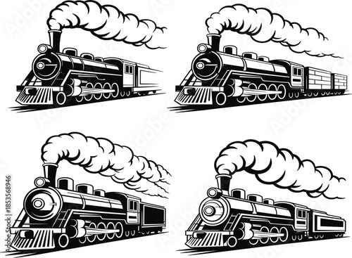 Vintage steam locomotive train set, black and white retro engine illustrations, with smoking chimney stack