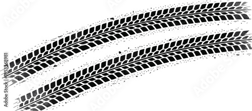 Black tire track marks set, curved rubber tread textures, for automotive race and transportation illustration
