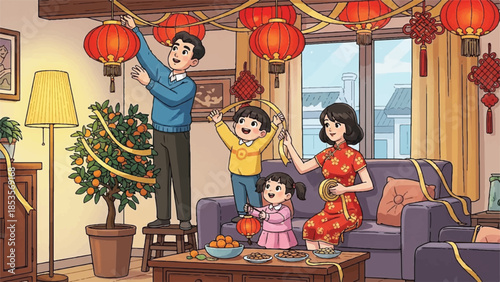Family decorating home for Chinese New Year. Cartoon illustration of family members hanging red lanterns. Living room with traditional decorations. Red and gold accents. Family celebration.