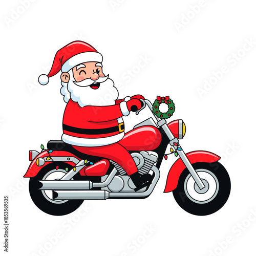 festive santa claus riding a red motorcycle decorated with holiday accents for christmas cheer