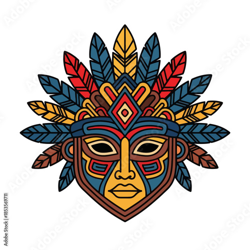 Vibrant and Intricate Indigenous Mask with Feathered Headdress Celebrating Cultural Heritage