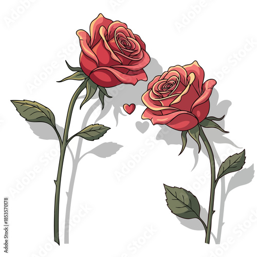 Two red roses with green leaves and a small heart, presented on a white background in a digital illustration with warm tones. Perfect for valentine romantic occasions, love messages, and