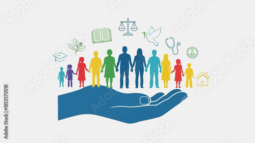 Diverse People Holding Hands Above Caring Hand with Symbols of Peace, Justice, Health