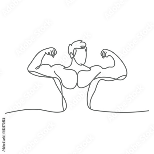 Male bodybuilder front view. Shows the bicep muscles of the hand. Continuous one line drawing. Editable stroke. Sport gym fit body workout concept.