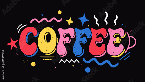 Bold Multicolor Coffee Doodle Vector with Energetic Layout, Vibrant Hand-Drawn Elements for Modern Cafe Branding, Social Media, and Posters