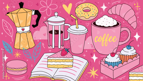 Bright Pastel Cafe Doodle Vector, Soft Colors Hand-Drawn Illustration for Trendy Coffee Shop Social Media and Menu Design