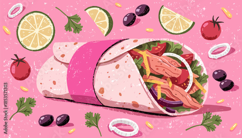 Bright Pastel Chicken Wrap Vector Graphic, Soft Colorful Hand-Drawn Illustration for Modern Street Food Brands and Healthy Eating Blogs