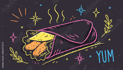 Chicken Wrap Doodle Vector in Neon Lines on Dark Background for Modern Fast Food Branding