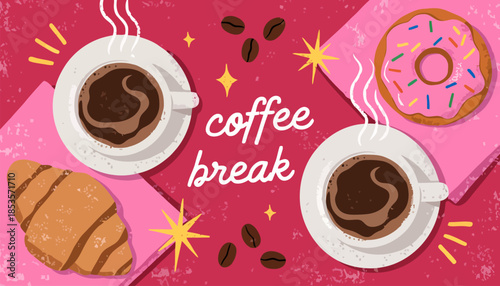 Coffee Break Concept Vector Illustration with Steaming Cups and Fresh Pastries for Office Life