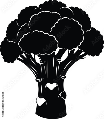 A simple black and white illustration of a head of broccoli