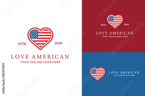 American flag in the love heart shape sticker stamp badge logo design vector illustration