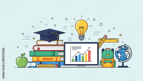 Education and Knowledge Concept: Books, Graduation Cap, Laptop, Lightbulb, Globe, Apple