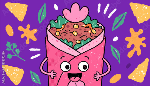 Cute Cartoon Style Chicken Wrap Vector Illustration with Exaggerated Features and Playful Food Design for Kids Menu