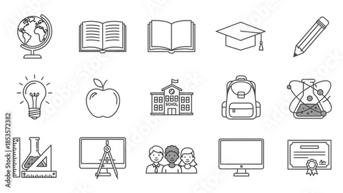 Education Icons Set: Globe, Books, Graduation Cap, Pencil, Lightbulb, Apple, School, Backpack, Science