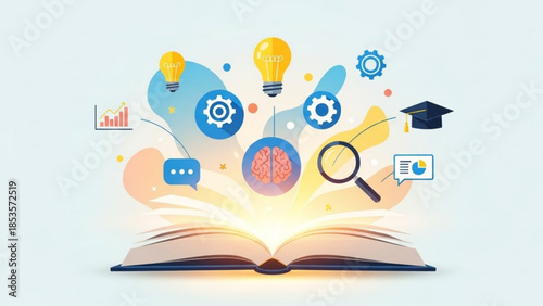 Open book with creative ideas and learning icons floating above