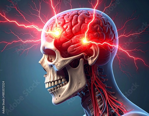 a scary skeleton with glowing red brain and roots, set against a dramatic background of lightning