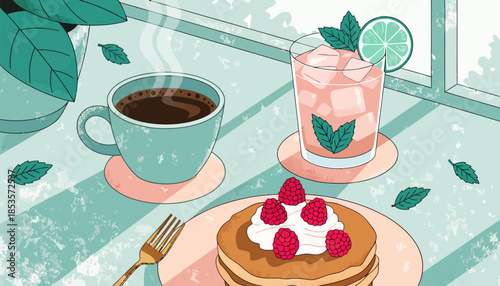Fresh Cafe Illustration with Mint and Peach Tones and Artistic Coffee Elements for Vibrant Coffee Shop Marketing