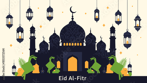 Eid Al-Fitr Celebration: Mosque Silhouette, Lanterns, and Ketupat Decorations