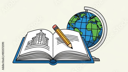 Open book with pencil on top, globe behind, education concept