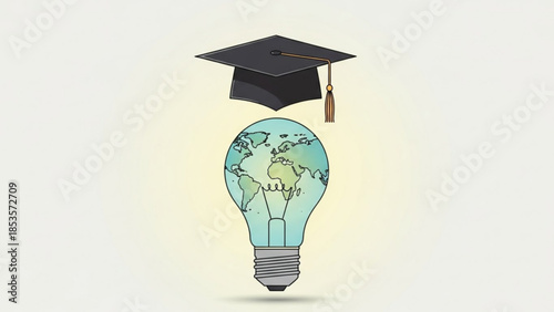 Graduation cap on light bulb with earth inside symbolizing