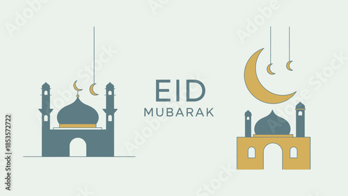 Eid Mubarak Islamic Mosque and Crescent Moon Greeting Card Illustration