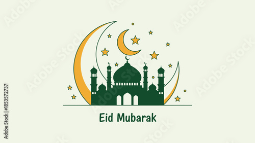 Eid Mubarak Islamic mosque silhouette with crescent moon and stars, green and yellow design