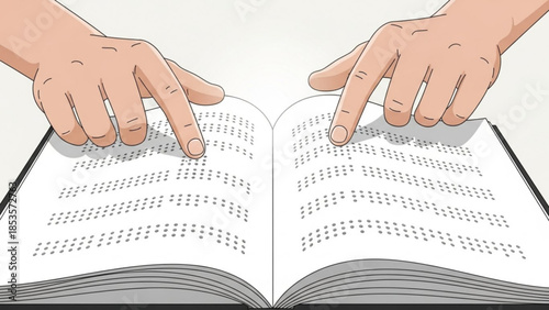 Hands reading braille text in a book with raised dots