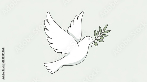 Peaceful white dove flying with olive branch in beak symbolizing