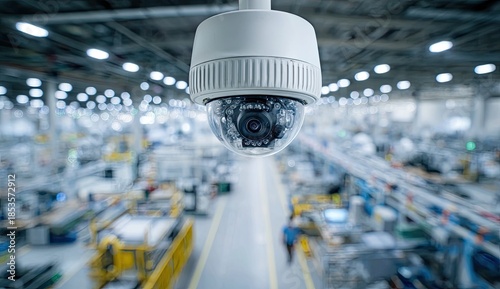 Security camera monitors a modern, brightly lit factory floor with rows of machinery