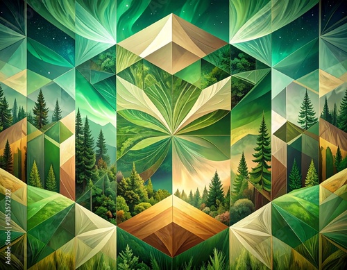 a vibrant geometric pattern featuring geometric shapes in shades of green, beige, and orange