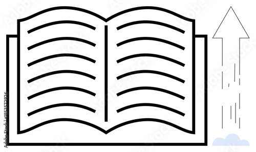 Education, personal development, academic goals, knowledge sharing, self-improvement, and learning. An open book with an upward arrow s progress and growth. Education and personal development