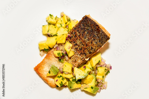 Pan seared Atlantic salmon with mango and avocado salsa