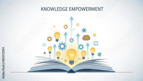 Open book with lightbulbs and gears rising from pages