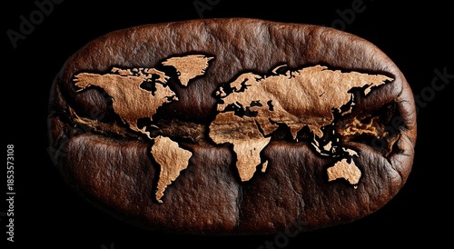 Detailed macro view of a coffee bean with a world map etched on its surface