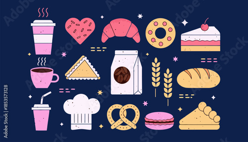 Minimalist Pastel Bakery and Coffee Icon Vector Set for Cafe Branding and Menu Design